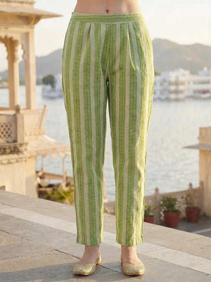 Ethnic Chevron Printed & Embroidered Straight Kurta with Pant & Dupatta - Green