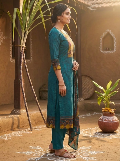 Solid Kalamkari Printed Straight Kurta with Pant & Dupatta - Blue