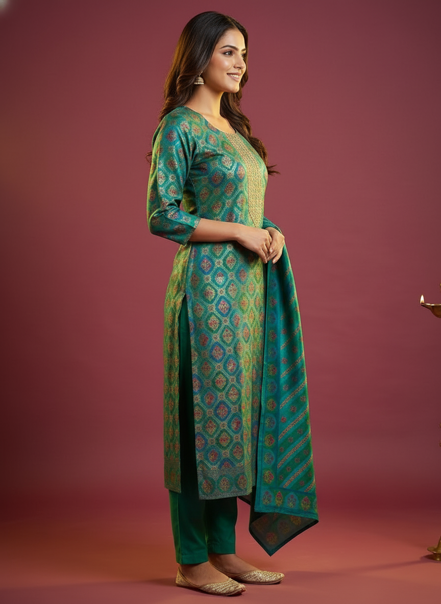 Floral Printed Embroidered Jacquard Kurta with Pant & Dupatta - Teal Blue