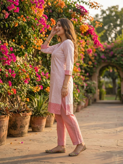 Ethnic Printed Straight Kurta with Pant- Pink