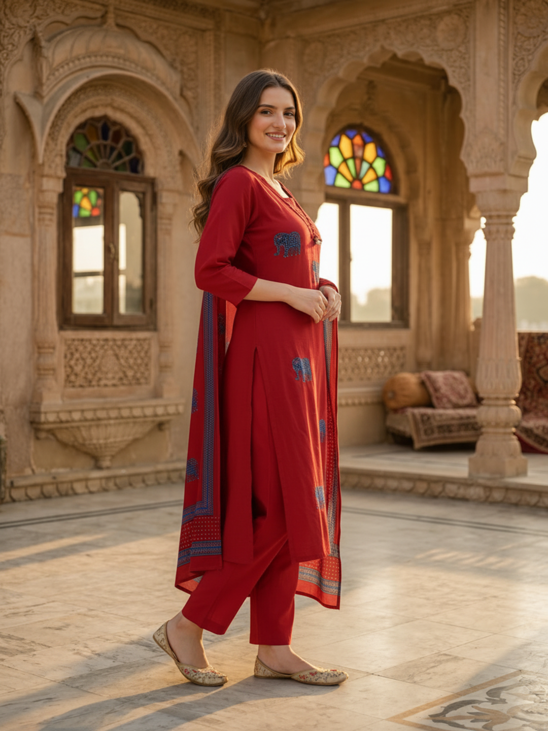 Brick Red Solid Cotton Straight Kurta Set with Kantha Work & Elephant Patchwork, Pant & Dupatta