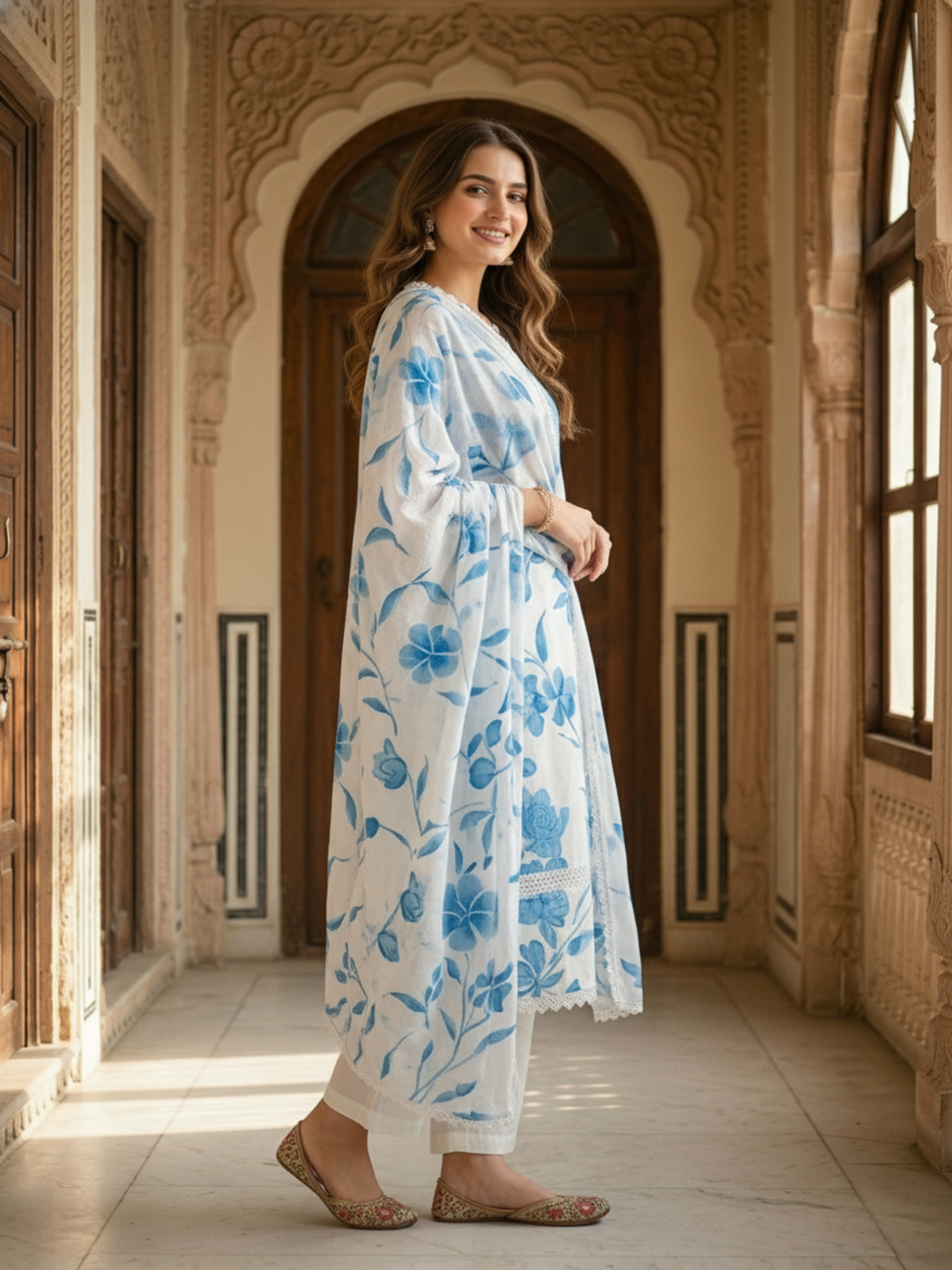Abstract Floral Printed Straight Kurta with Pant & Dupatta - Blue