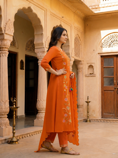 Rust Solid Chanderi Silk Anarkali Kurta Set with Floral Embroidery, V-Neck, Palazzo & Scalloped Poly Chanderi Dupatta
