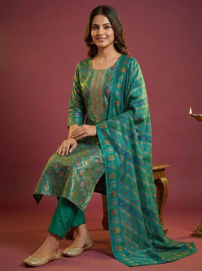 Floral Printed Embroidered Jacquard Kurta with Pant & Dupatta - Teal Blue