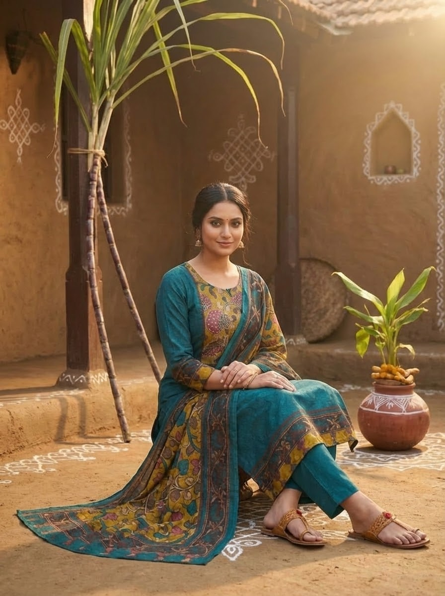 Solid Kalamkari Printed Straight Kurta with Pant & Dupatta - Blue