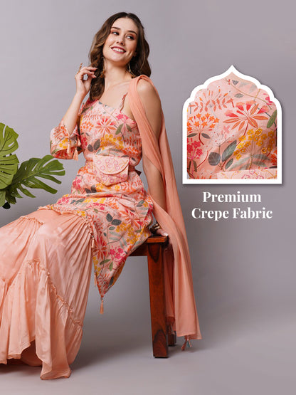 Floral Printed Stones & Cutdana Ornamented Asymmetric Kurta With Embroidered Waist Belt Pouch, Sharara & Dupatta - Peach