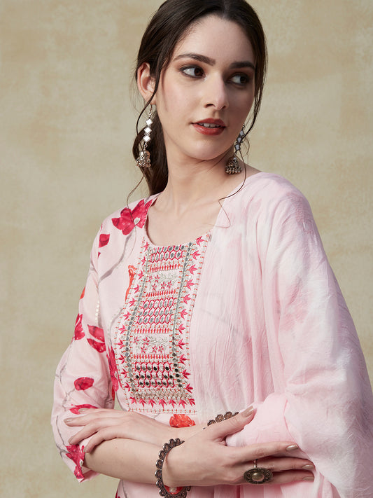 Floral Foil Printed Mirror, Resham & Zari Embroidered Kurta with Pants & Dupatta - Pink