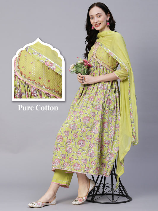 Floral Printed Mirror & Sequins Embroidered Flared Kurta With Pants & Dupatta - Lime Green