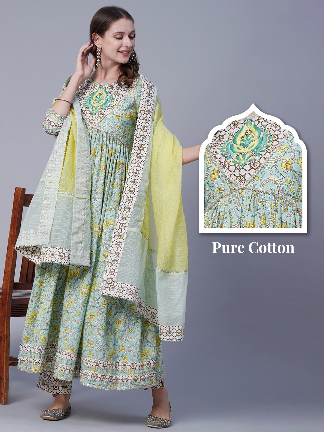 Floral Printed Resham Embroidered Gota Temple Lace Work Gathered Kurta With Pants & Dupatta - Pastel Green