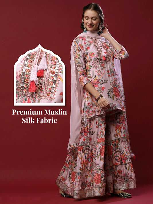 Floral Printed Zardozi & Mirror Embroidered Kurta With Floral Gota Lace Ornamented Sharara & Dupatta - Light Pink