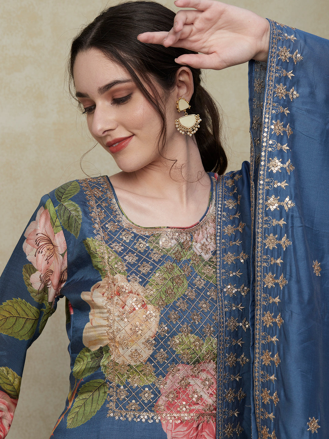 Floral Printed Sequins & Zari Embroidered Kurta with Pants & Sequins Embroidered Dupatta - Blue