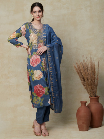 Floral Printed Sequins & Zari Embroidered Kurta with Pants & Sequins Embroidered Dupatta - Blue