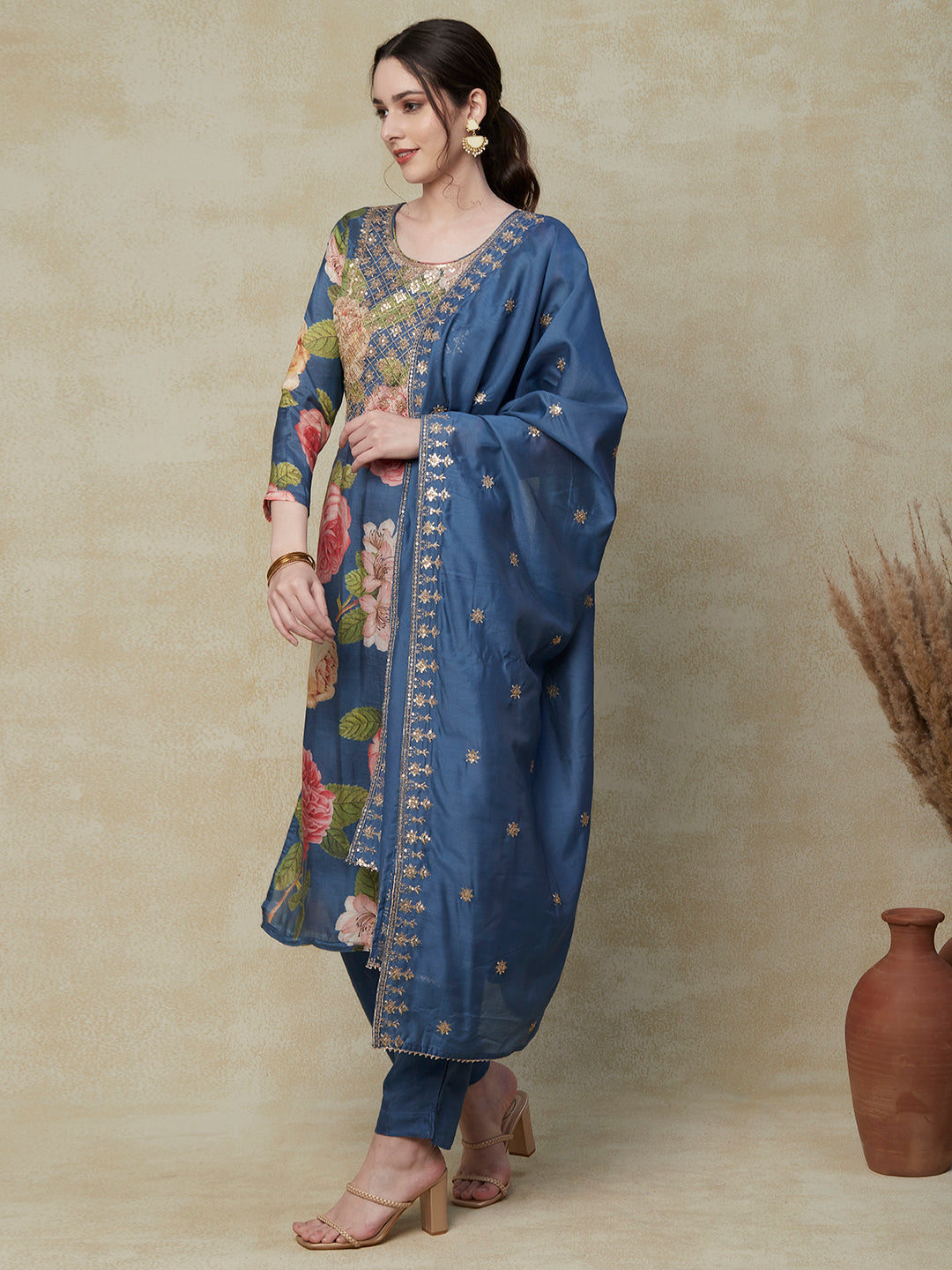 Floral Printed Sequins & Zari Embroidered Kurta with Pants & Sequins Embroidered Dupatta - Blue