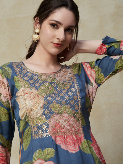 Floral Printed Sequins & Zari Embroidered Kurta with Pants & Sequins Embroidered Dupatta - Blue