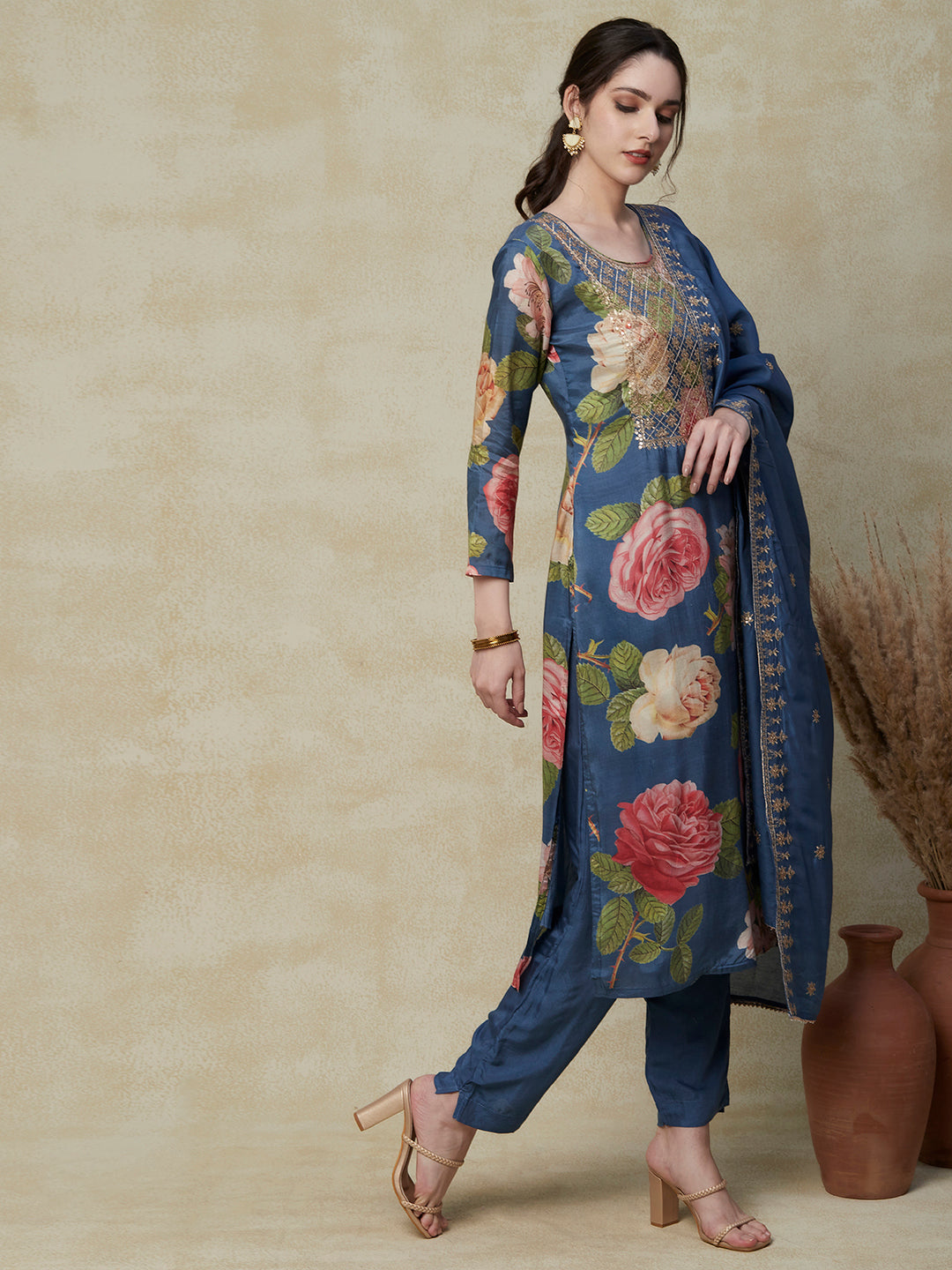 Floral Printed Sequins & Zari Embroidered Kurta with Pants & Sequins Embroidered Dupatta - Blue