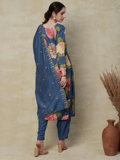 Floral Printed Sequins & Zari Embroidered Kurta with Pants & Sequins Embroidered Dupatta - Blue