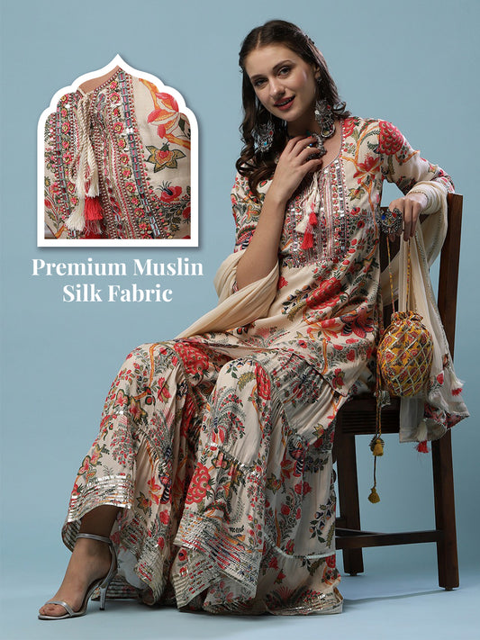 Floral Printed Zardozi & Mirror Embroidered Kurta With Floral Gota Lace Ornamented Sharara & Dupatta - Cream & Multi