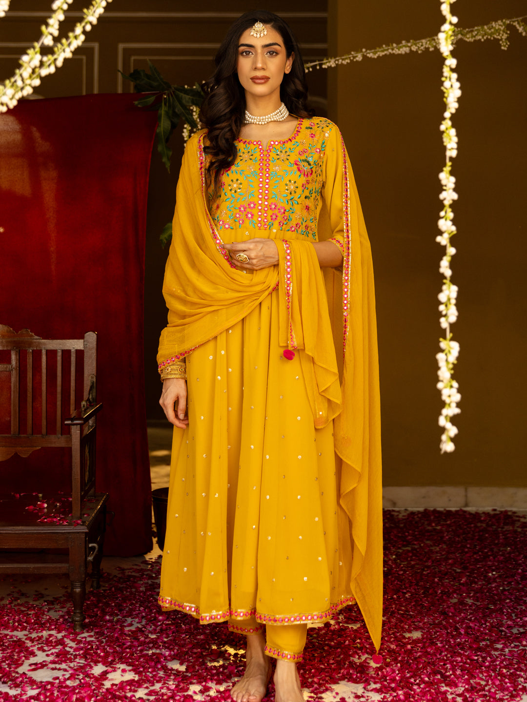 Solid Floral Embroidered Anarkali Kurta with Pant & Solid Dupatta - Yellow