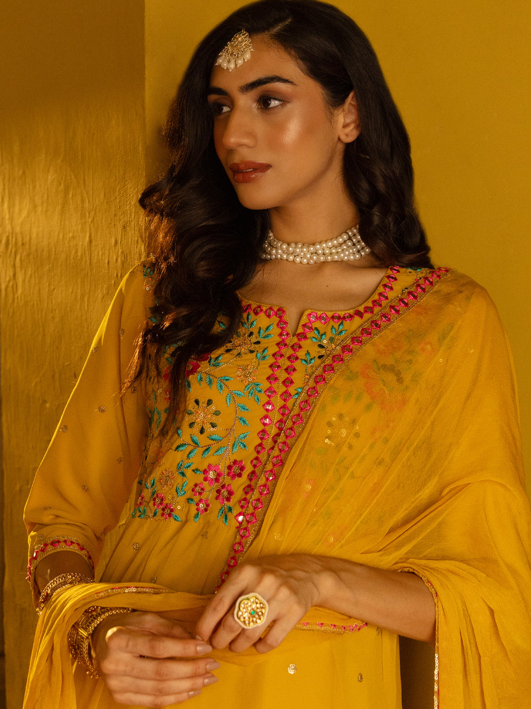 Solid Floral Embroidered Anarkali Kurta with Pant & Solid Dupatta - Yellow