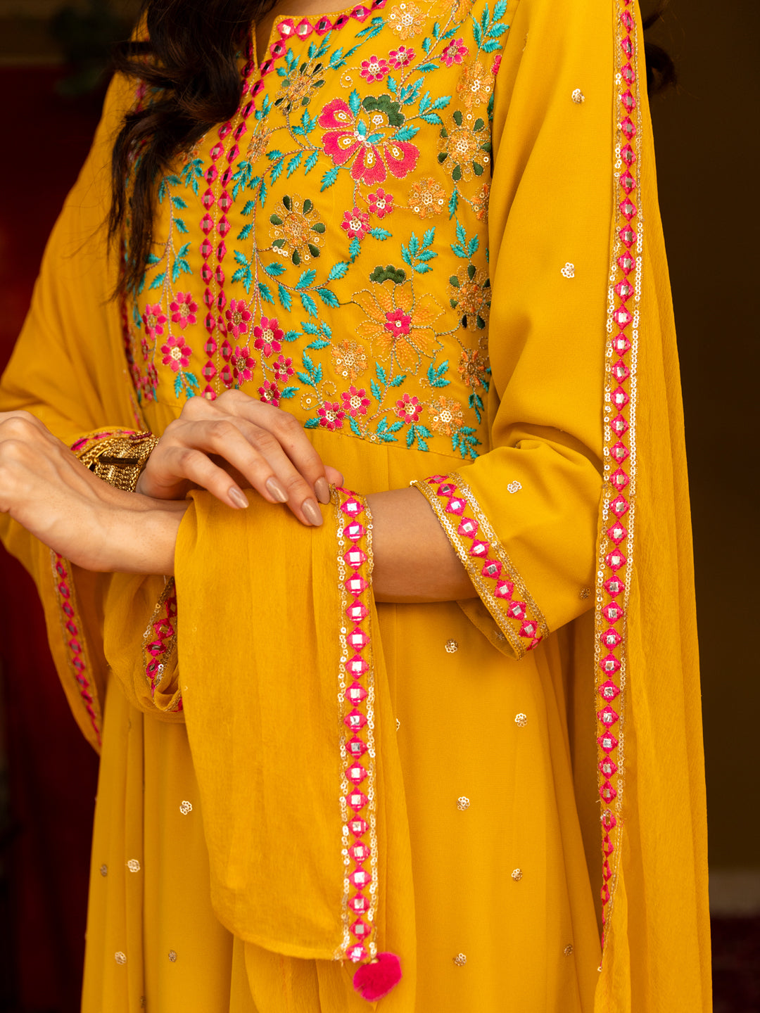 Solid Floral Embroidered Anarkali Kurta with Pant & Solid Dupatta - Yellow