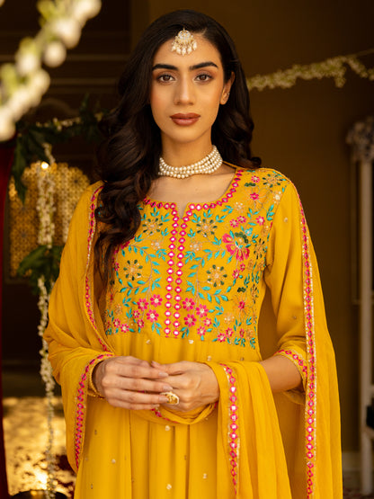 Solid Floral Embroidered Anarkali Kurta with Pant & Solid Dupatta - Yellow