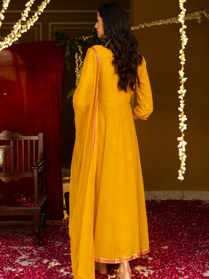 Solid Floral Embroidered Anarkali Kurta with Pant & Solid Dupatta - Yellow