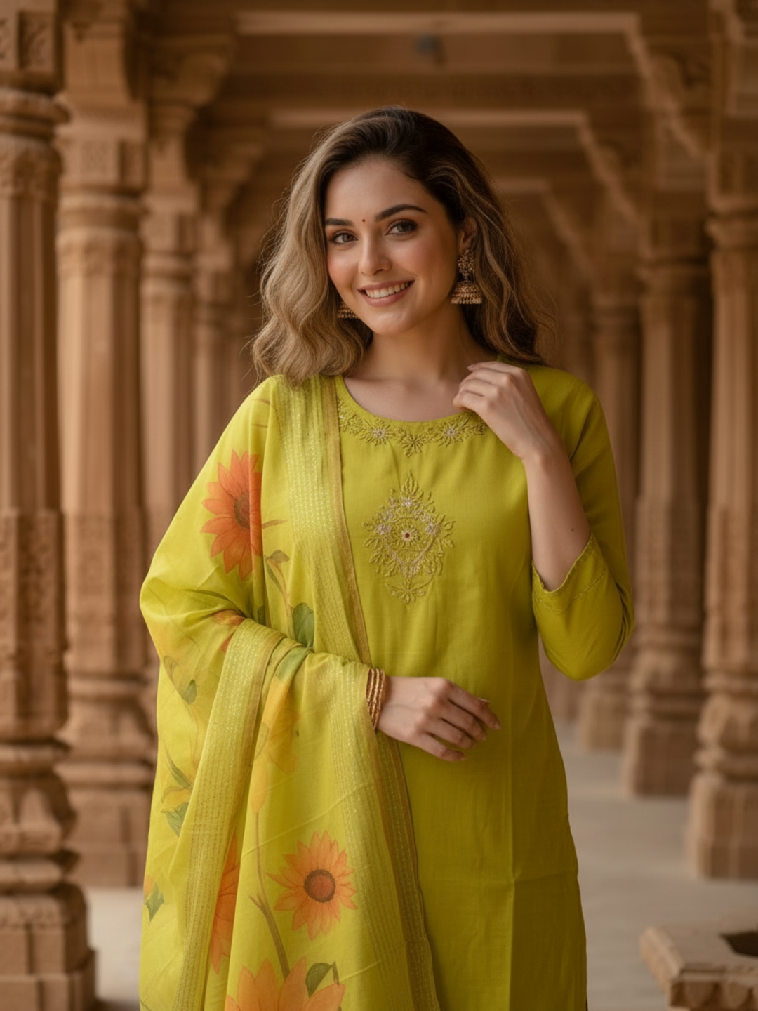 Pista Green Solid Muslin Silk Straight Kurta Set with Floral Hand Embroidery, Round Neck, Pant & Printed Poly Chanderi Dupatta
