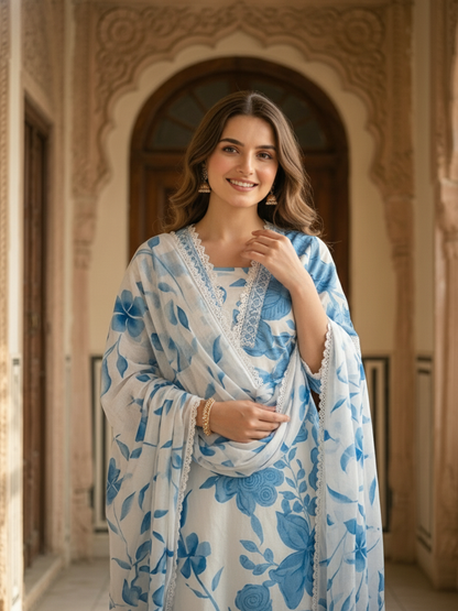 Abstract Floral Printed Straight Kurta with Pant & Dupatta - Blue