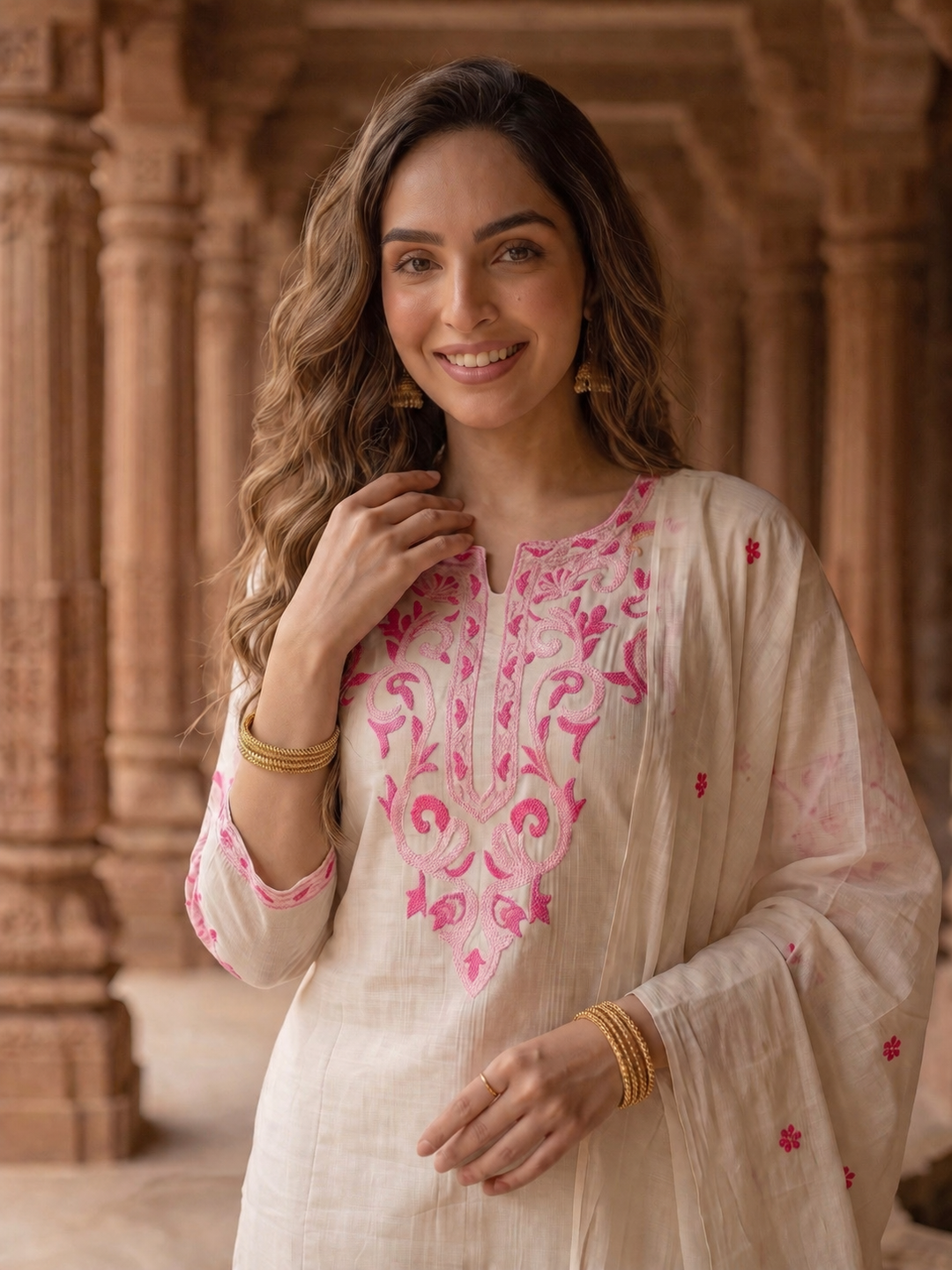 Solid Floral Hand Embroidered Straight Kurta with Pant & Embroidered Dupatta - Off White