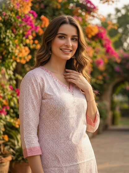 Ethnic Printed Straight Kurta with Pant- Pink