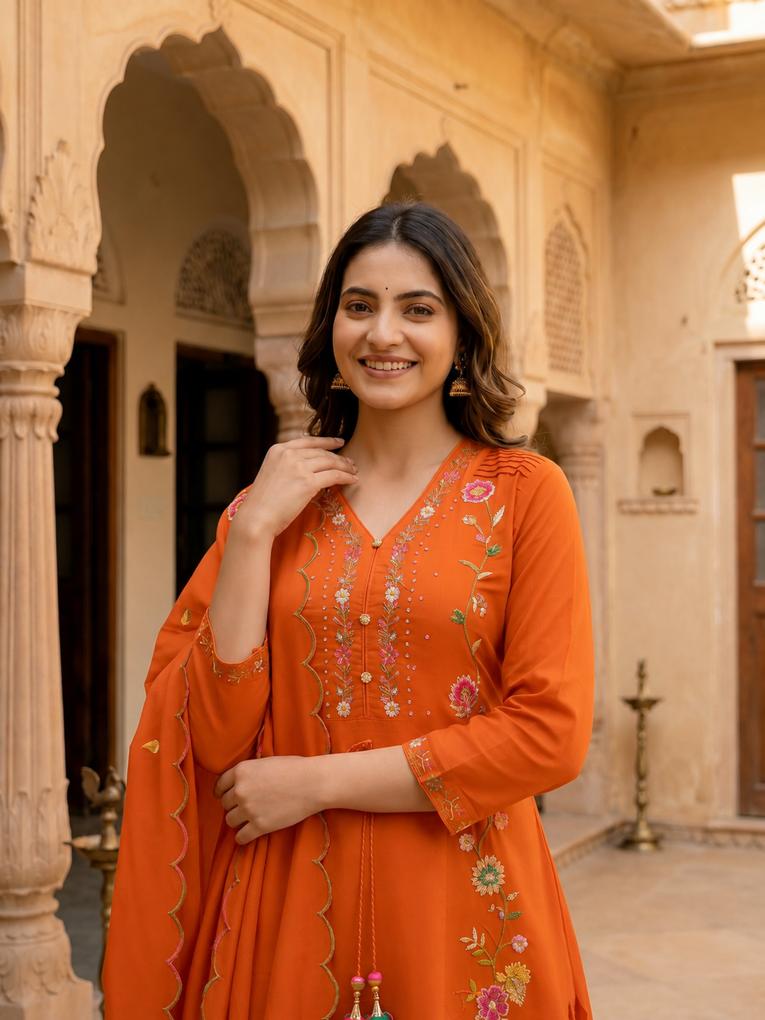 Rust Solid Chanderi Silk Anarkali Kurta Set with Floral Embroidery, V-Neck, Palazzo & Scalloped Poly Chanderi Dupatta