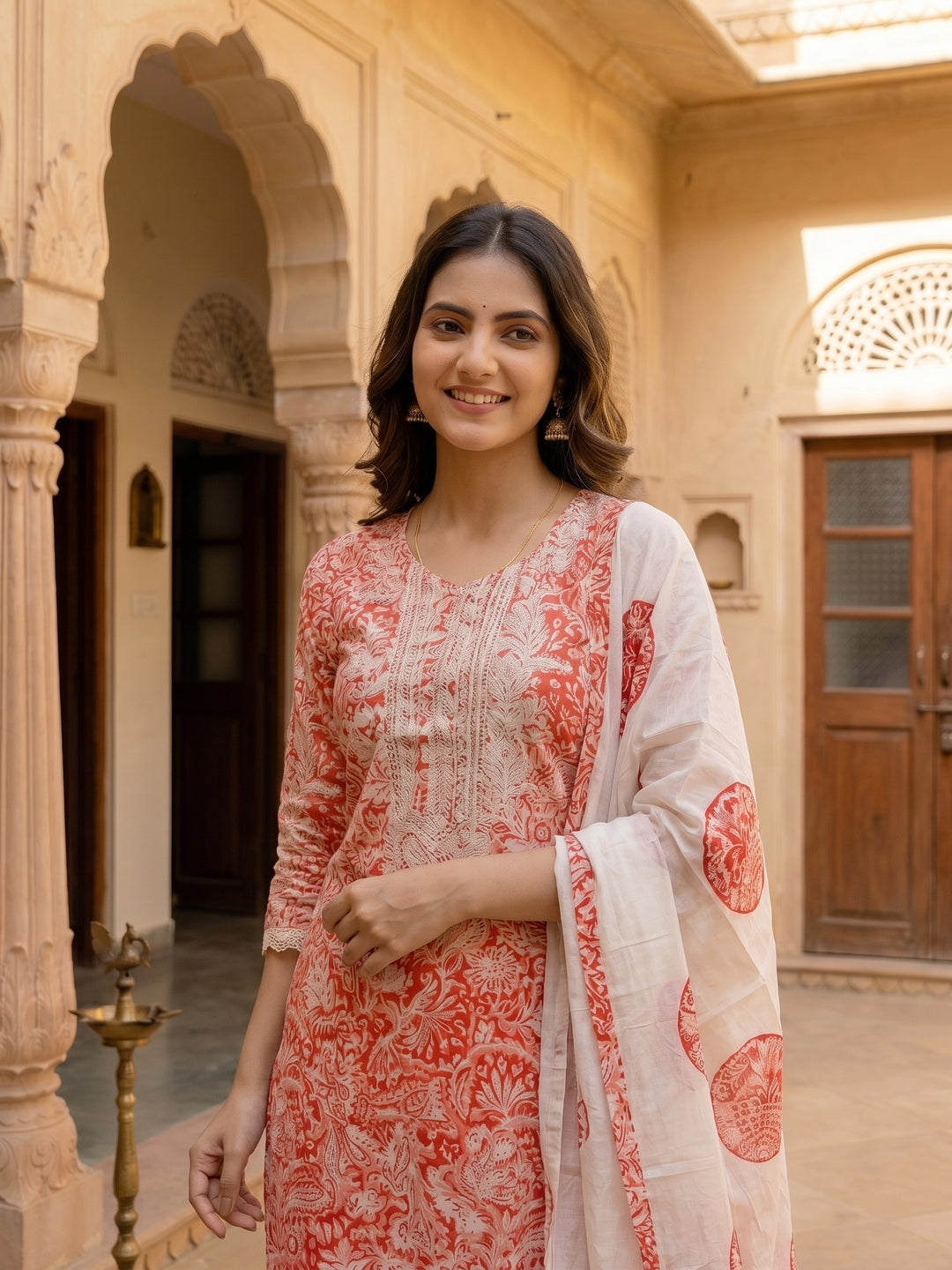 Coral Paisley Printed Chikankari Embroidered Straight Kurta with Pant & Dupatta