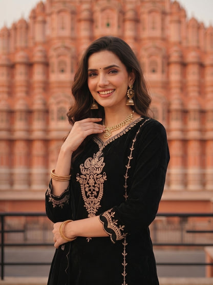 Solid Zari Work A-Line Velvet Kurta & Palazzo & Dupatta - Black