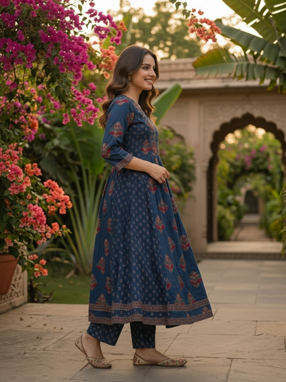 Indigo Blue Floral Cotton Anarkali Set with Bead & Sequin Embroidery, Palazzo & Printed Dupatta