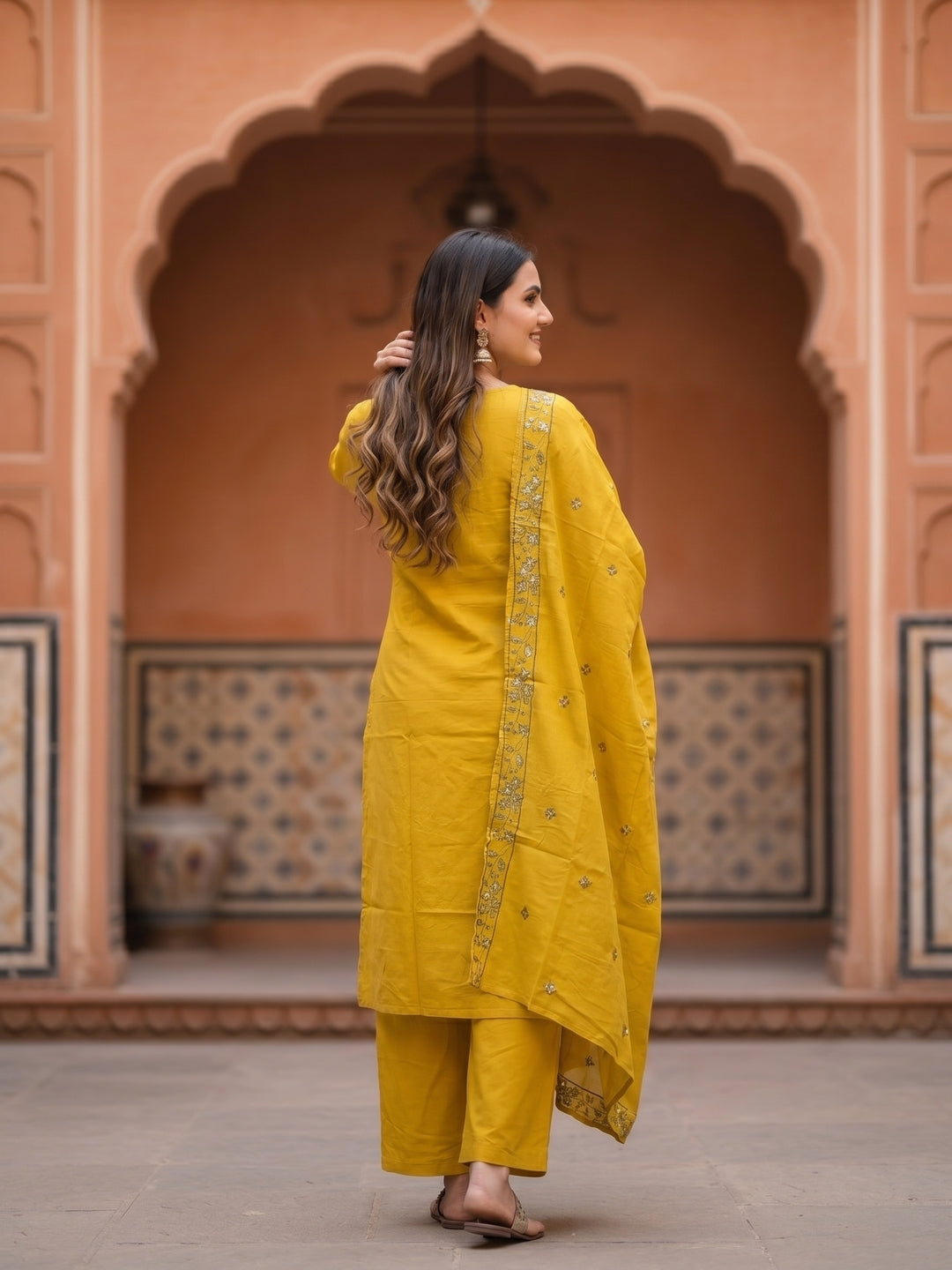 Solid Floral Embroidered Straight Kurta with Palazzo and Dupatta - Mustard