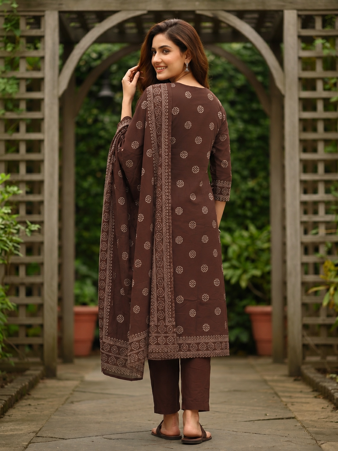 Coffee Brown Bandhani Printed Embroidered Anarkali with Palazzo & Dupatta