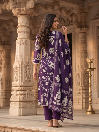 Floral Embroidered A-Line Cotton Kurta with Pant & Printed Voile Dupatta - Purple