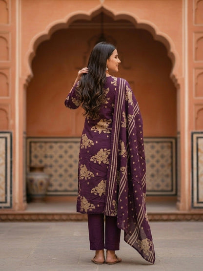Floral Printed & Embroidered A-Line Kurta with Pant & Dupatta - Deep Purple