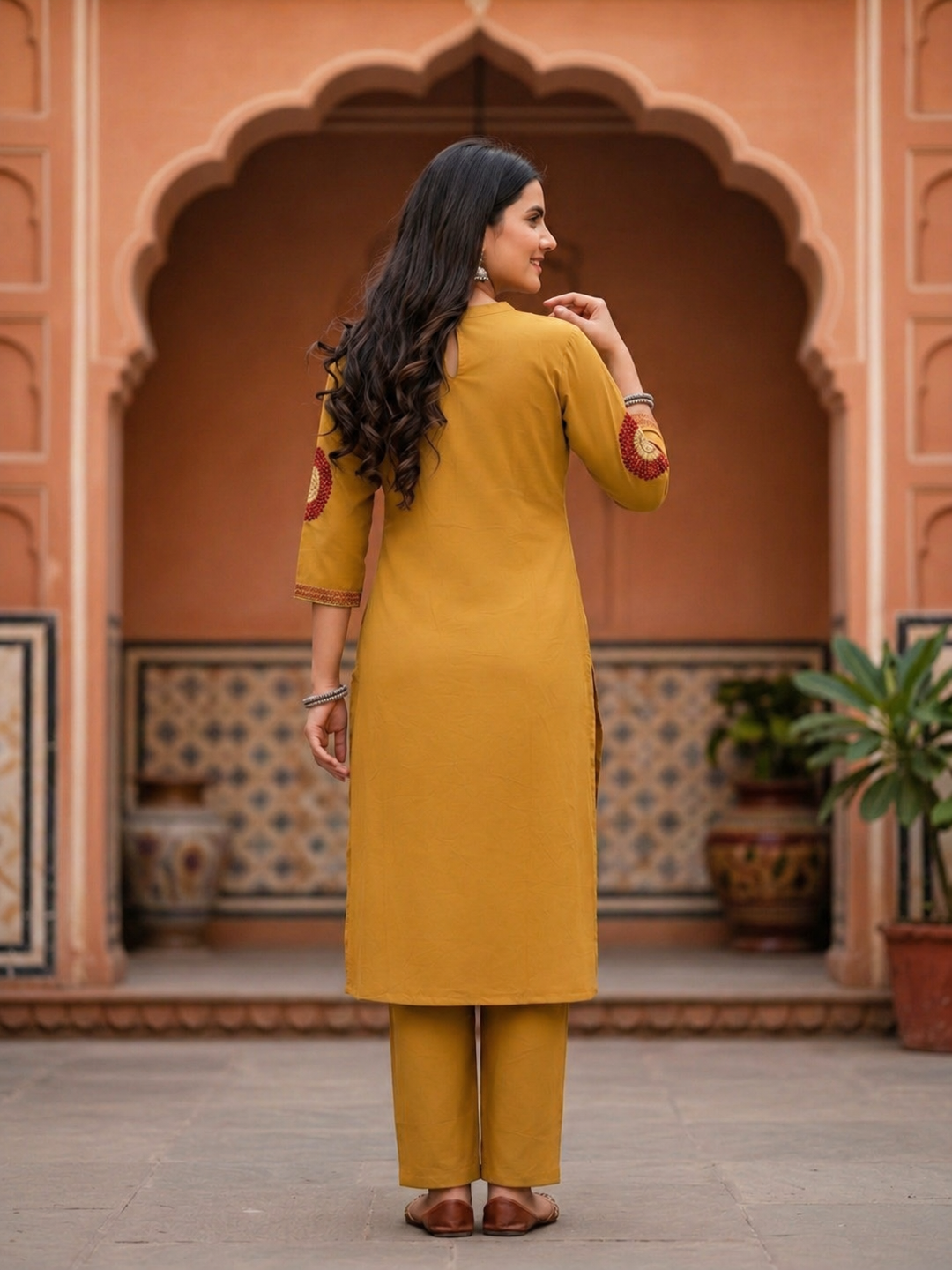 Solid Embroidered A-Line Kurta with Palazzo Co-ord Set - Mustard