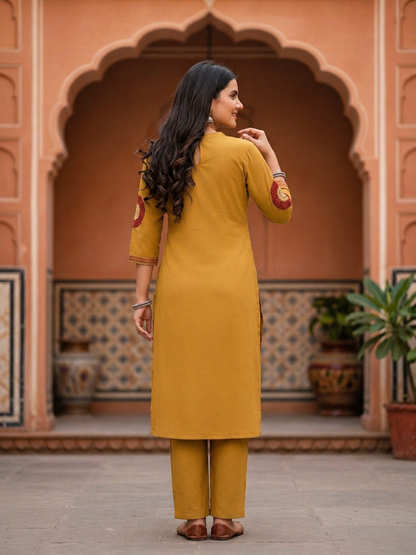 Solid Embroidered A-Line Kurta with Palazzo Co-ord Set - Mustard