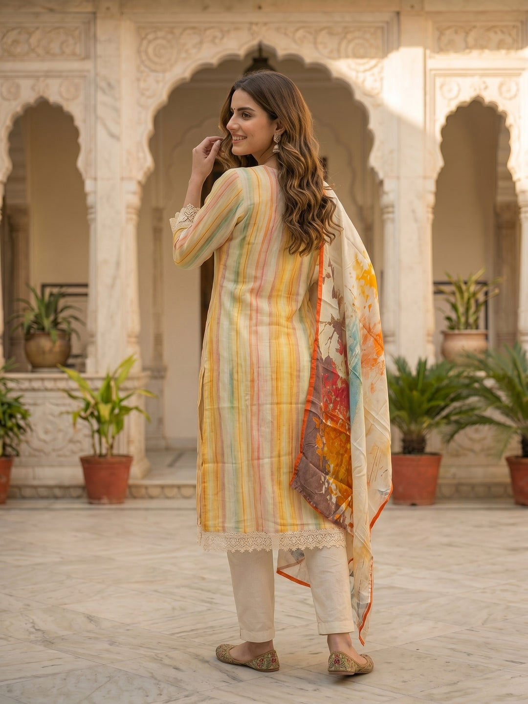 Checks & Stripes Printed Lace Straight Kurta with Pant & Dupatta - Multi