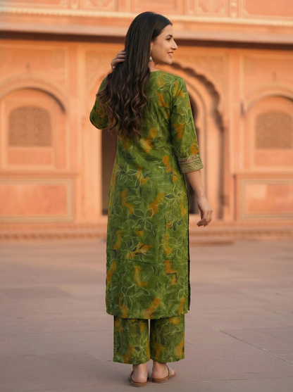 Floral Printed Embroidered Straight Fit Kurta - Green