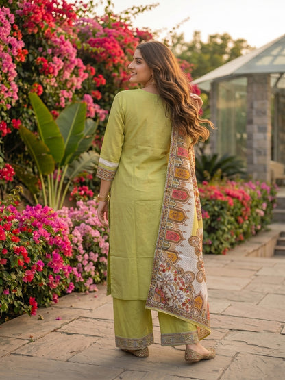 Solid Mirror Work & Sequin Straight Kurta with Palazzo & Dupatta - Lime Green