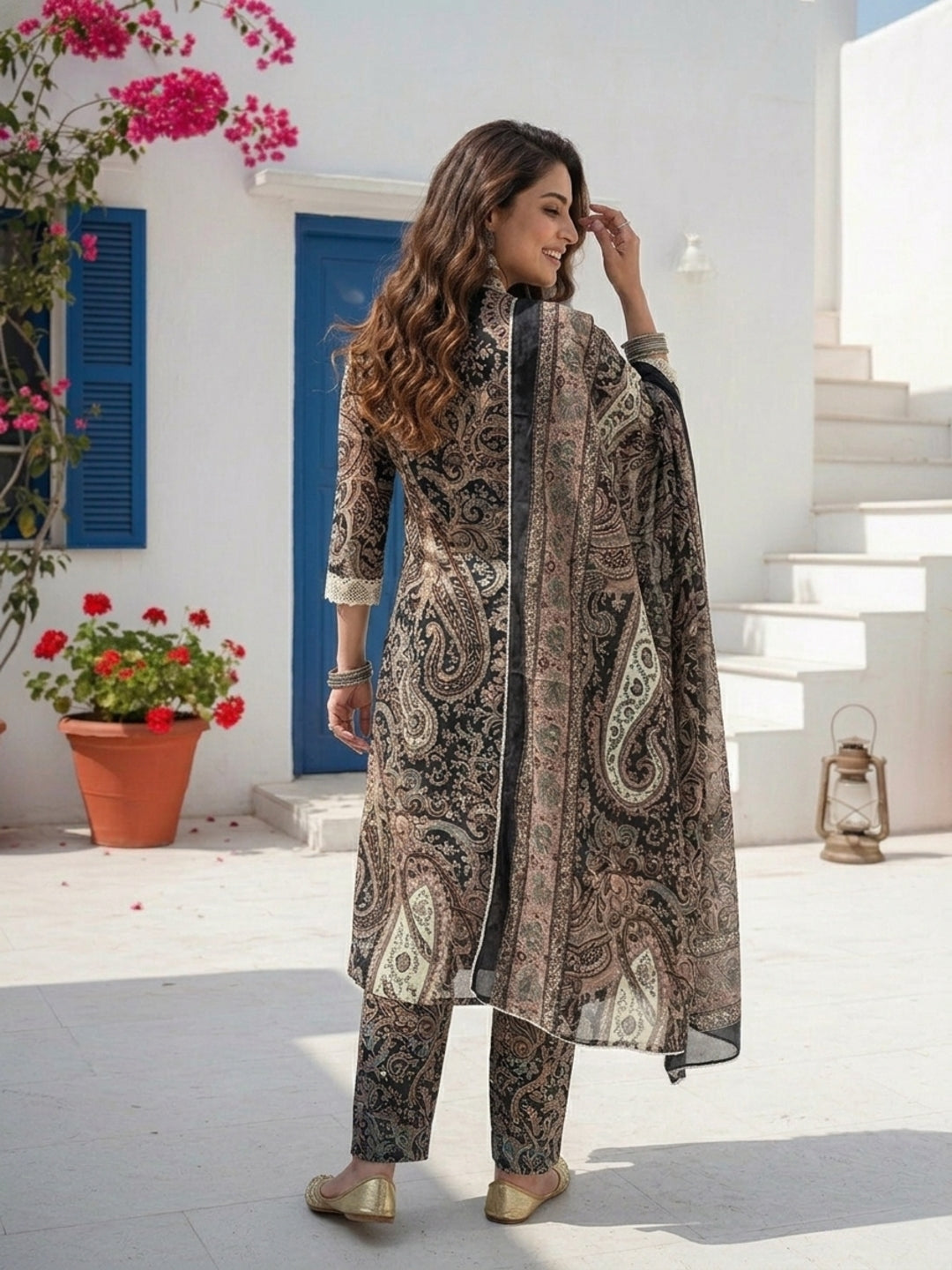 Paisley Ethnic Printed Lace A-Line Kurta with Palazzo & Dupatta - Black