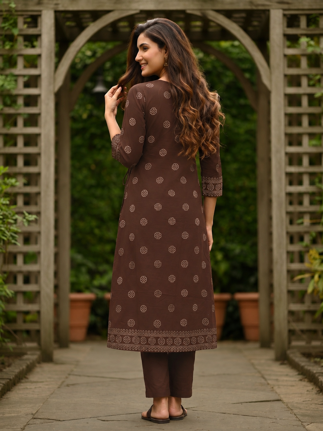 Coffee Brown Bandhani Printed Embroidered Anarkali with Palazzo & Dupatta