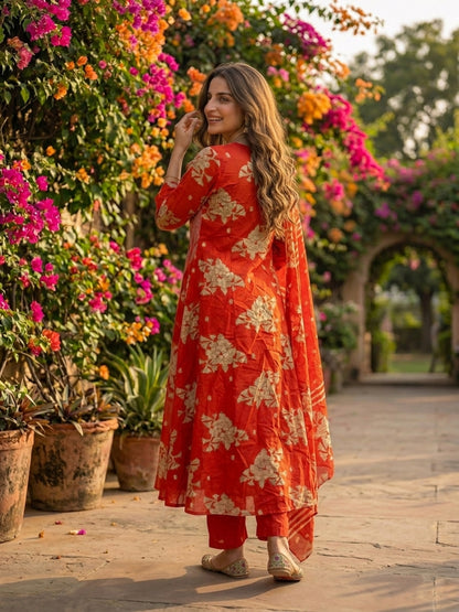 Floral Printed & Embroidered Straight Kurta with Pant & Dupatta - Orange