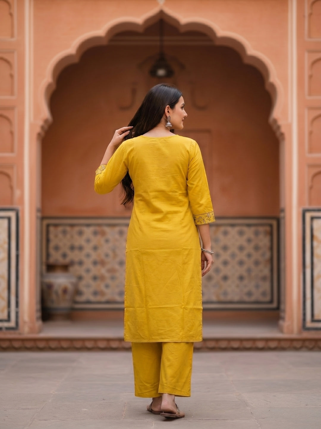 Solid Floral Embroidered Straight Kurta with Palazzo and Dupatta - Mustard