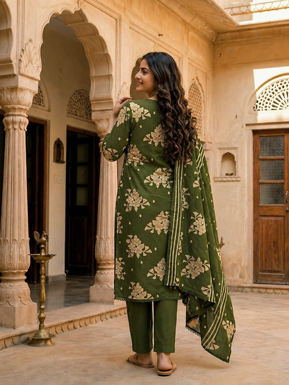 Floral Printed & Embroidered Straight Kurta with Pant & Dupatta - Green