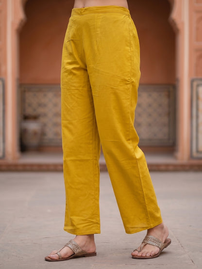 Solid Floral Embroidered Straight Kurta with Palazzo and Dupatta - Mustard