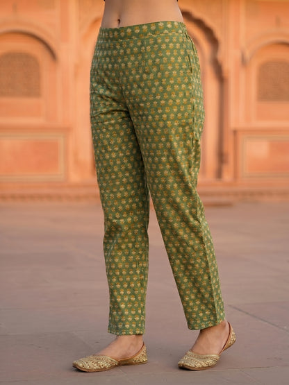 Floral Paisley Printed & Embroidered Straight Kurta with Pant & Dupatta - Green